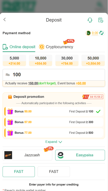 RS177 deposit interface showing JazzCash and Easypaisa payment options with PKR bonus offers.