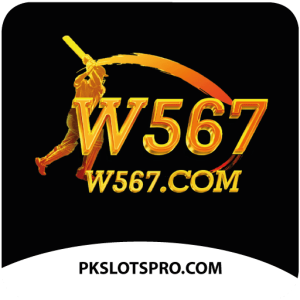 W567 Game official logo featuring a golden cricket player silhouette and PKSlotsPro.com at the bottom
