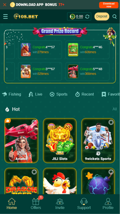 10s Bet app dashboard featuring Aviator, JILI Slots, and cricket betting options for Pakistani players.