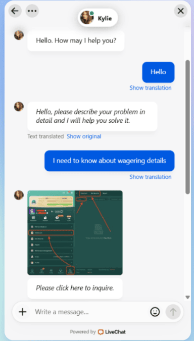 10s Bet live chat interface with support agent Kylie discussing bonus wagering details.