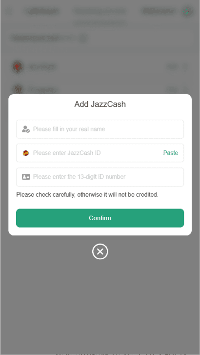RS177 JazzCash account binding screen requiring real name and CNIC for withdrawal verification.
