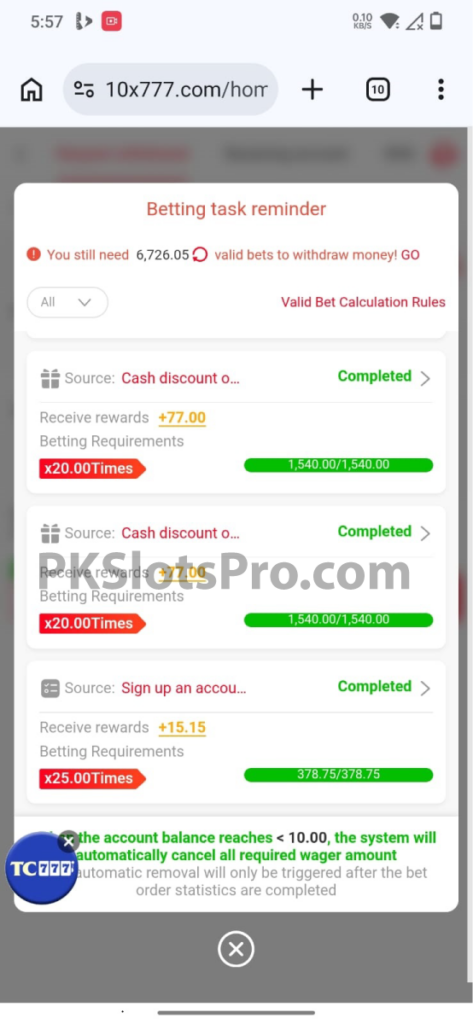 a screenshot of wagering page of X777 Game, where completed wagering requirement can be seen  for cash discount and sign up an account reward.