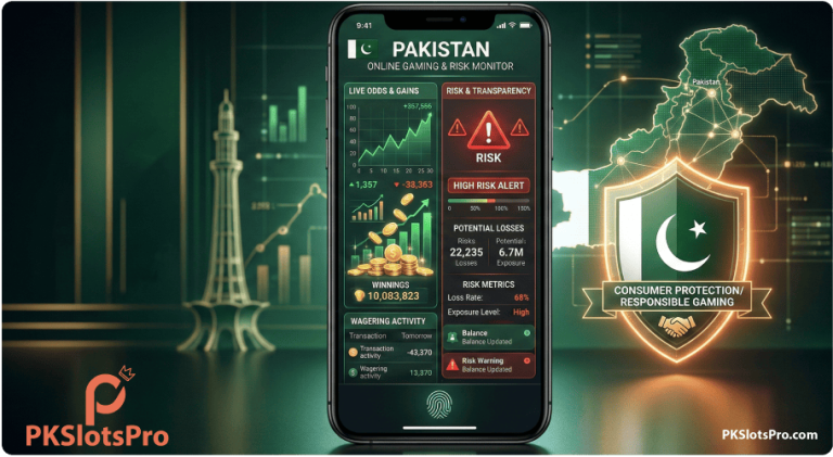 Digital dashboard showing online gambling risk transparency in Pakistan with a consumer protection shield
