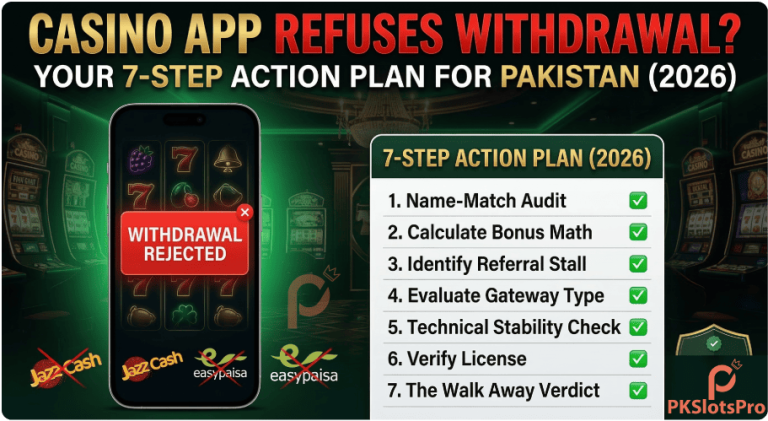 Infographic guide for resolving casino app withdrawal rejections in Pakistan via JazzCash and Easypaisa, featuring a 7-step action plan