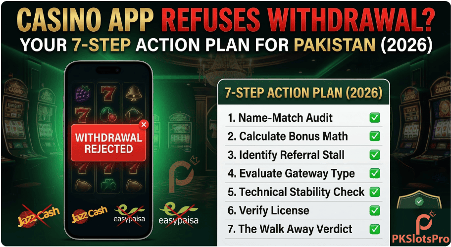 Infographic guide for resolving casino app withdrawal rejections in Pakistan via JazzCash and Easypaisa, featuring a 7-step action plan