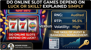 PKSlotsPro infographic comparing luck vs. skill in online slots, featuring analysis by Momin Khan and data on RNG, RTP, and bankroll management.