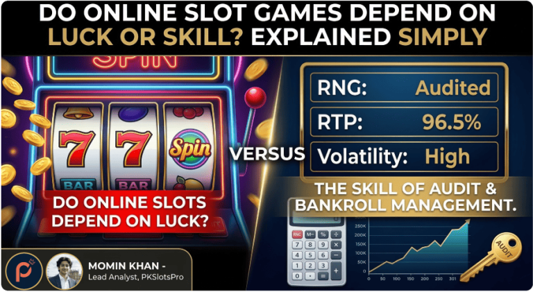 PKSlotsPro infographic comparing luck vs. skill in online slots, featuring analysis by Momin Khan and data on RNG, RTP, and bankroll management.