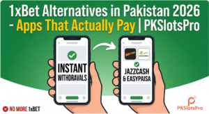 Banner graphic titled "1xBet Alternatives in Pakistan 2026 - Apps That Actually Pay" by PKSlotsPro. The image illustrates online betting and casino alternatives in Pakistan, showing two smartphones with text for "Instant Withdrawals" and local mobile wallets "JazzCash & Easypaisa," alongside a "No More 1xBet" warning.
