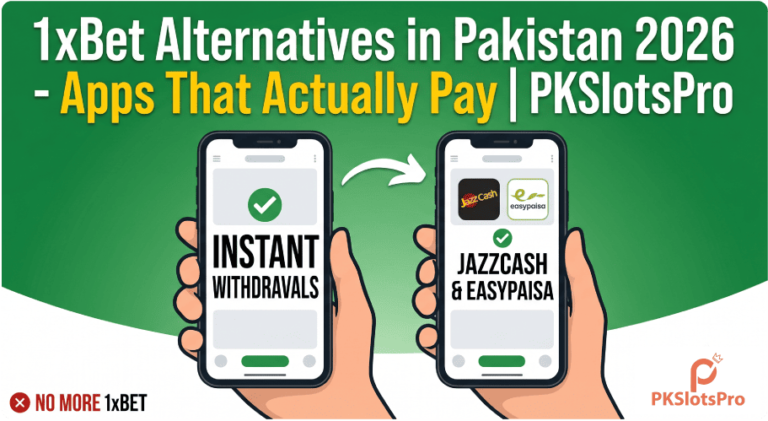 Banner graphic titled "1xBet Alternatives in Pakistan 2026 - Apps That Actually Pay" by PKSlotsPro. The image illustrates online betting and casino alternatives in Pakistan, showing two smartphones with text for "Instant Withdrawals" and local mobile wallets "JazzCash & Easypaisa," alongside a "No More 1xBet" warning.
