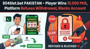 A split-screen thumbnail graphic with the main headline '804Slot.bet PAKISTAN - Player Wins 10,000 PKR, Platform Refuses Withdrawal, Blocks Account'. One side features a bright background showing a smiling Pakistani man holding a phone displaying a 10,000 PKR slot machine win, other side features a dark background showing a phone screen with a large red padlock and 'ACCOUNT BLOCKED' error message, surrounded by red 'STOP' and 'SCAM' signs