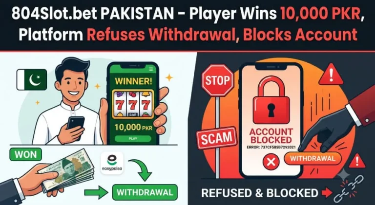 A split-screen thumbnail graphic with the main headline '804Slot.bet PAKISTAN - Player Wins 10,000 PKR, Platform Refuses Withdrawal, Blocks Account'. One side features a bright background showing a smiling Pakistani man holding a phone displaying a 10,000 PKR slot machine win, other side features a dark background showing a phone screen with a large red padlock and 'ACCOUNT BLOCKED' error message, surrounded by red 'STOP' and 'SCAM' signs