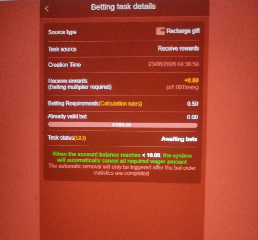 804Slot.bet betting task details showing automatic wagering cancellation clause when account balance drops below Rs 10, hidden condition not disclosed upfront