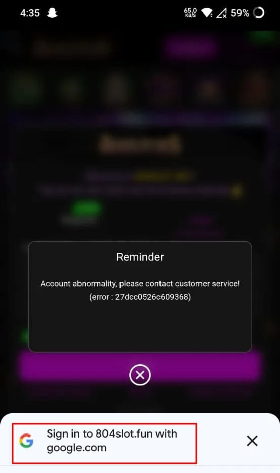 804Slot.bet second account error with Google sign-in prompt showing platform domain as 804slot.fun, different from the app's displayed 804slot.bet domain