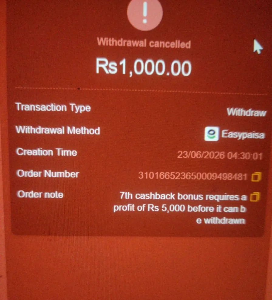 804Slot.bet withdrawal cancelled screenshot showing Rs 1,000 Easypaisa withdrawal refused with order note requiring Rs 5,000 profit before withdrawal permitted