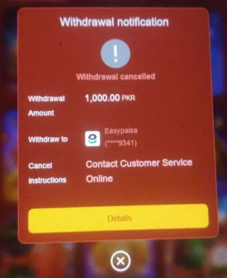 804Slot.bet withdrawal notification showing 1,000 PKR Easypaisa withdrawal cancelled with instruction to contact customer service
