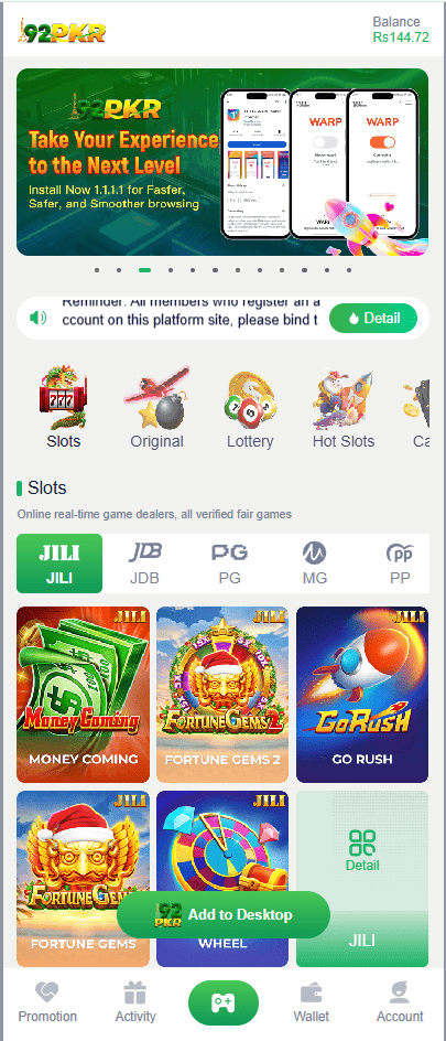 Homepage of 92PKR Game showig game features and game types