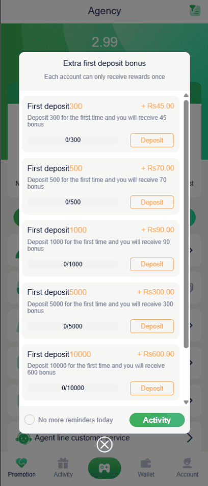 a popup showing 92pkr game extra first deposit bonus details.