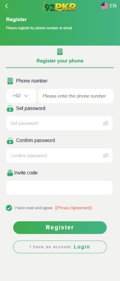 Signup page of 92pkr gameshowing pakistan's country code before number input field and password with call to action register and login.