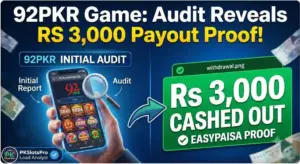 PKSlotsPro 92PKR Game audit thumbnail banner displaying a verified Rs 3,000 Easypaisa cash out success proof graphic with a smartphone interface.