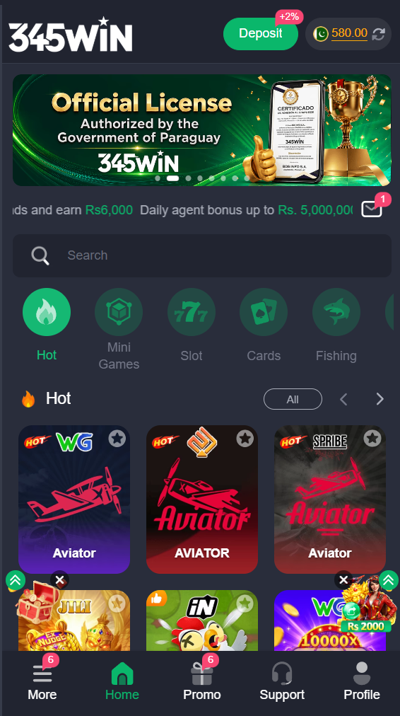 345WIN Game app home screen showing Paraguay government licence banner, Aviator and slot game categories, and Urdu language interface
