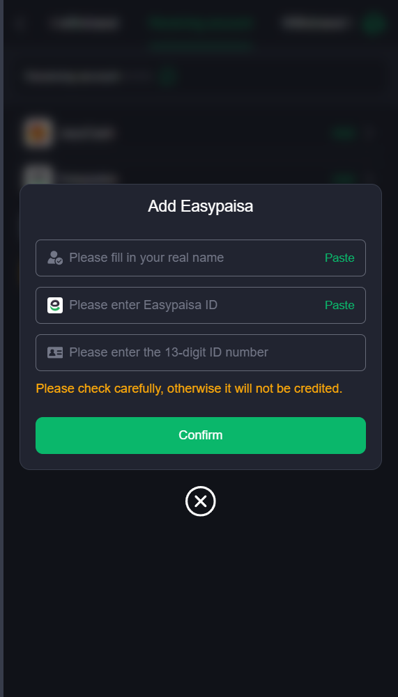 345WIN Game withdrawal setup screen requiring real name, Easypaisa ID and 13-digit CNIC number, documented during PKSlotsPro audit