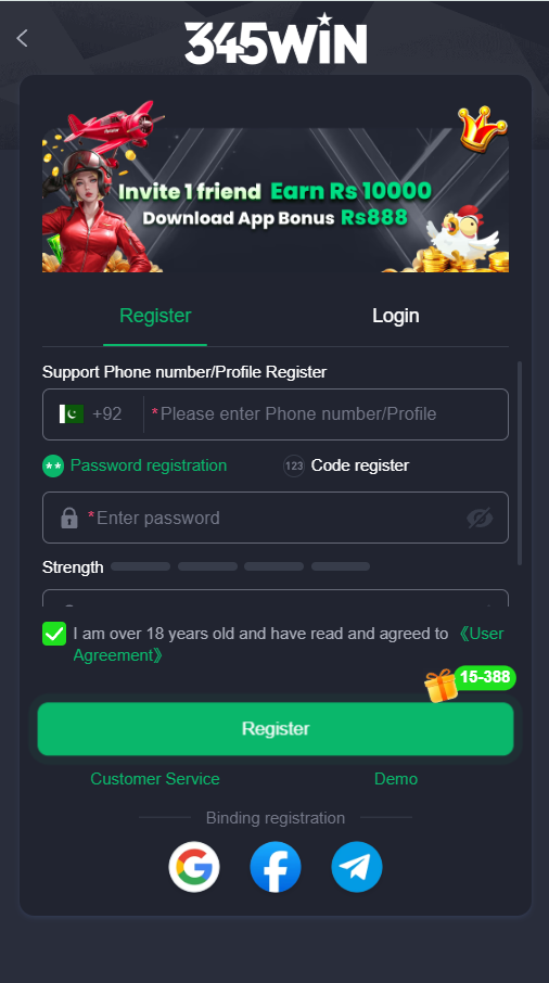 register page of 345win game where registration with phone number, Binding with google, facebook and telegram can be seen along side register bonus which is 14 to 388PKR.